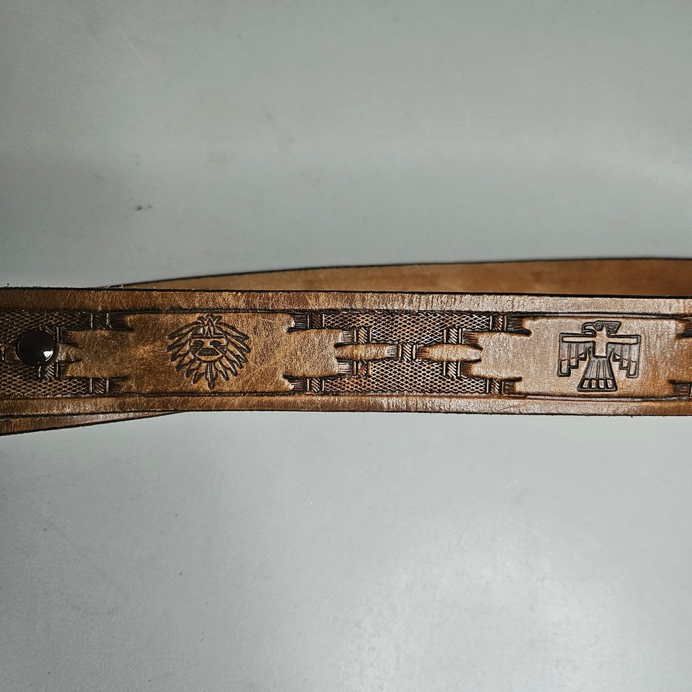 The Cherokees Handcrafted Leather Belt 36 Brown Thunderbird Sun Face Western USA